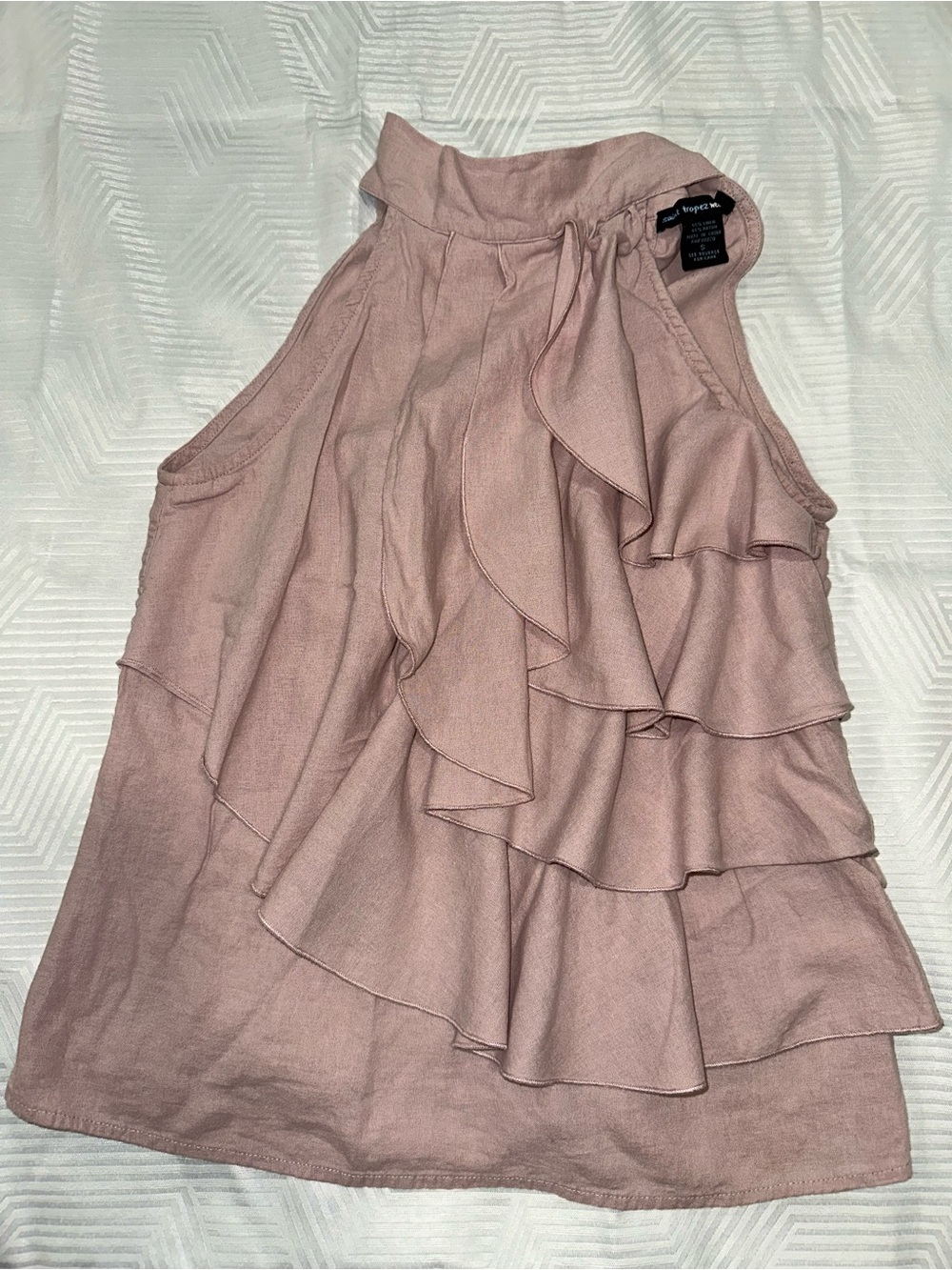 Saint Tropez West Linen Blend Mock Neck Ruffle Halter Tank Top Pink S